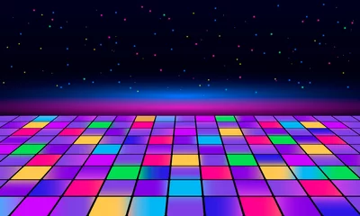 Fotobehang Banner for printing night disco parties. Retro vintage neon grid dance floor horizon 80s and 90s © Ольга Погорелова