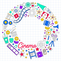 Vector pattern with cinema icons. Movie Theater, TV, popcorn, video clips, musical
