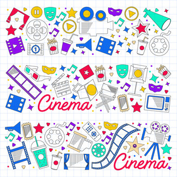 Vector pattern with cinema icons. Movie Theater, TV, popcorn, video clips, musical