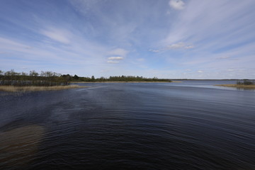 Landscape with water sky clouds and trees on a Cape on a Sunny day.