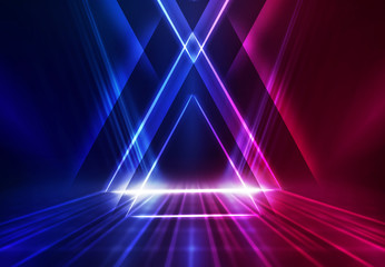 Dark abstract futuristic background. Geometric laser figure in the center of the stage. Neon...