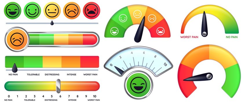 Pain scale meter. Smile and sad emotion measure, no pain and worst pain scales vector set. Collection of modern tools for measuring level or degree of severity and intensity of pain with smiley faces.