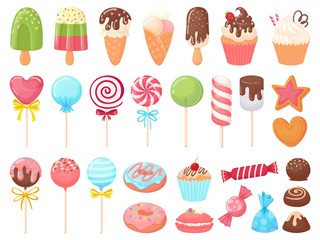 Cartoon sweets. Sweet ice cream, cupcakes and chocolate candies. Delicious donut, cookies and candy on stick vector illustration set. Collection of tasty confections, muffins, ice pops, lollipops.