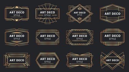 Golden art deco badges. Gold frame label, decorative badge and geometric frames vector set. Collection of elegant rectangular borders for emblem, label. Retro linear ornaments, vintage decorations.