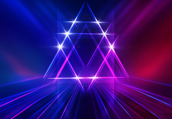 Dark abstract futuristic background. Geometric laser figure in the center of the stage. Neon blue-pink rays of light on a dark background