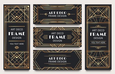 Golden art deco banner frames. Geometric gold lines frame, luxury decorative corners and premium label vector set. Collection of elegant card templates decorated by retro ornaments in 1920s style. © Tartila