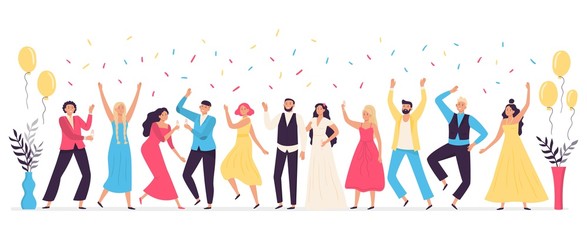 Fototapeta na wymiar People dancing at wedding. Romance newlywed dance, traditional wedding celebration celebrating with friends and family vector illustration. Cute happy bride, groom and guests having fun at party.