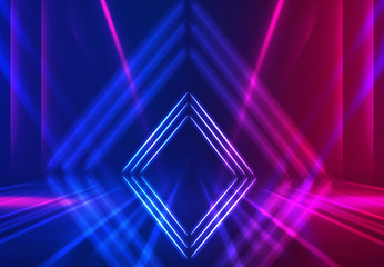 Dark abstract futuristic background. Geometric laser figure in the center of the stage. Neon...