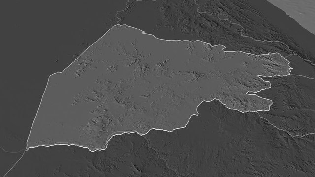 Gash Barka, region with its capital, zoomed and extruded on the bilevel map of Eritrea in the conformal Stereographic projection. Animation 3D