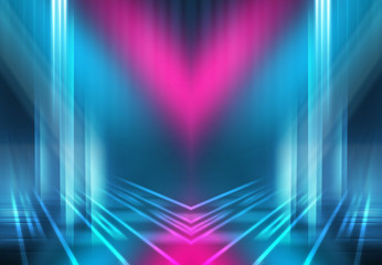 Abstract dark background with blue and pink neon glow. Neon lines of light. Background empty scene.