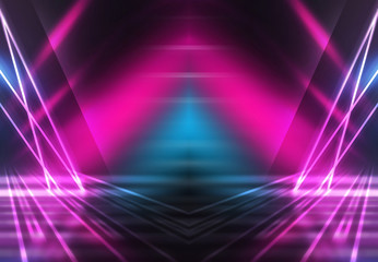 Abstract dark background with blue and pink neon glow. Neon lines of light. Background empty scene.