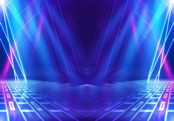 Abstract dark background with blue and pink neon glow. Neon lines of light. Background empty scene.