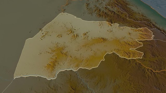 Gash Barka, region with its capital, zoomed and extruded on the relief map of Eritrea in the conformal Stereographic projection. Animation 3D
