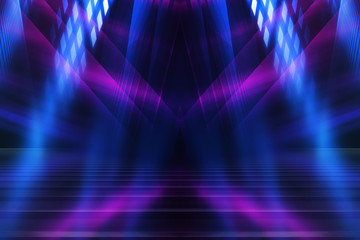 Abstract dark background with blue and pink neon glow. Neon lines of light. Background empty scene.