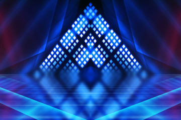 Abstract dark background with blue and pink neon glow. Neon lines of light. Background empty scene.