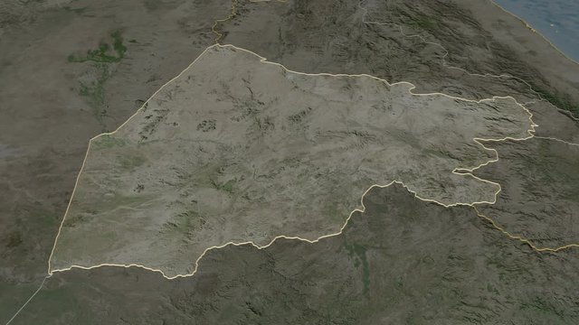 Gash Barka, region with its capital, zoomed and extruded on the satellite map of Eritrea in the conformal Stereographic projection. Animation 3D