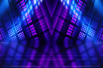 Abstract dark background with blue and pink neon glow. Neon lines of light. Background empty scene.