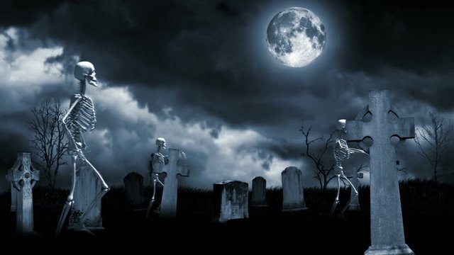 Skeletons Walking Through the Cemetery