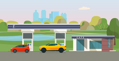 Charging station for electric vehicles against the backdrop of the cityscape. Vector flat style illustration.