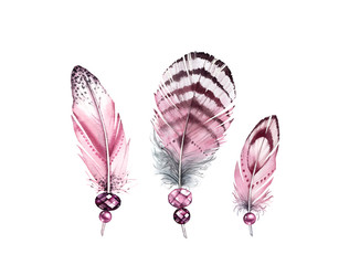 Watercolor feathers with gemstones. Realistic painting with vintage pink wings and jewel stones. Boho style illustration set isolated on white