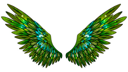 Obraz premium Beautiful magic glittery bright green wings with blue feathers, vector