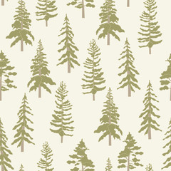 Vector Green Tree Forest on Beige Background Seamless Repeat Pattern. Background for textile, book covers, manufacturing, wallpapers, print, gift wrap and scrapbooking.