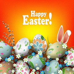 The composition is orange with wonderful Easter eggs, rabbit ears and a willow twig