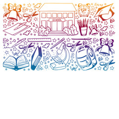 School pattern. Vector doodle style icons. Mathematis, astronomy, geography, biology, physics.