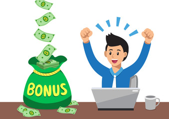 Cartoon happy businessman with big bonus money bag for design.