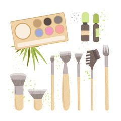 Vector Set of Zero Waste Cosmetics - Natural Eyeshadow, Organic Oil, Makeup Brush Set for Professional make-up with Concealer Eye, Face Liquid Powder. Bamboo Cosmetics Brushes Kit