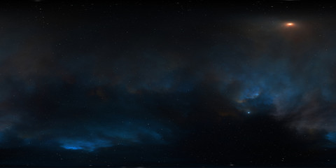 360 degree HDRI space background and nebula. Environment 360 HDRI map. Equirectangular projection, spherical panorama