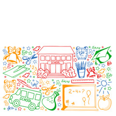 School pattern. Vector doodle style icons. Mathematis, astronomy, geography, biology, physics.