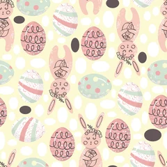 Poster Cute Easter Bunnies and Eggs Vector Seamless Pattern © Farijazz