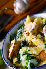 Real pasta with mushrooms, spinach and broccoli