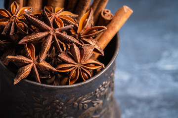 Dried anise stars on the rustic background. Selective focus. Shallow depth of field.