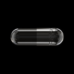 Horizontal View of Empty Transparent Medicine Capsule Pill. Realistic 3D Render Isolated on Black Background Close-Up.