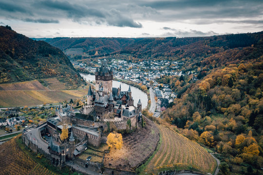 Reichsburg Cochem Castle by the Mosel River Valley in Germany, captured by a drone