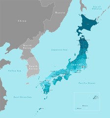 Vector modern illustration. Simplified geographical  map of Japan and nearest countries. Blue background of seas and Pacific Ocean. Names of japanese cities and prefectures