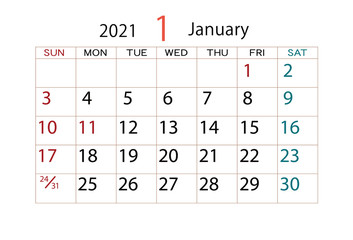 2021年カレンダー1月