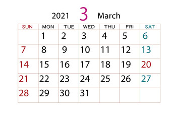 2021年カレンダー3月
