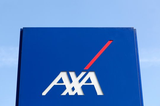 Macon, France - March 22, 2016: AXA insurance logo on a panel. AXA is a French multinational insurance firm that engages in global insurance, investment management and financial services