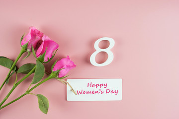 Pink Rose flower and 8th Number on pink background with copy space for text. Love, Equal and International Women day concept