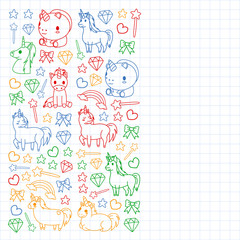 Children pattern with fairy tale unicors for kids clothes, posters, banners, shirts. Vector image with cartoon character.