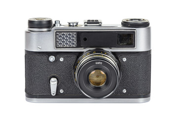 Vintage analog camera on white background
