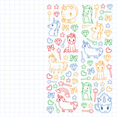 Children pattern with fairy tale unicors for kids clothes, posters, banners, shirts. Vector image with cartoon character.