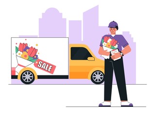 Flowers delivery service. Delivery man holding flowers bouquet. Courier truck with advertising design. Flat style vector illustration.