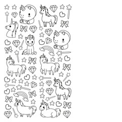 Children pattern with fairy tale unicors for kids clothes, posters, banners, shirts. Vector image with cartoon character.