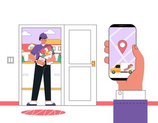 Courier or delivery man delivered the ordered bouquet of flowers home. Business concept of ordering flowers and gifts on the website or in the application online. Flat style vector illustration.