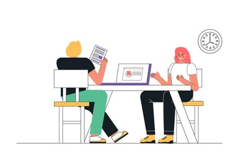 Business concept we accept workers. HR Manager sits at a laptop and holds a resume, opposite sits a woman and is interviewed. Vector illustration in trendy flat line art style.
