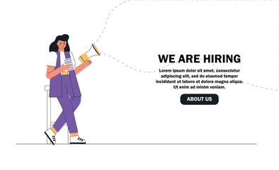 Vector flat modern illustration, woman recruiter is holding resume and megaphone looking for new employees. The concept we are hiring, human resources. Landing page template.